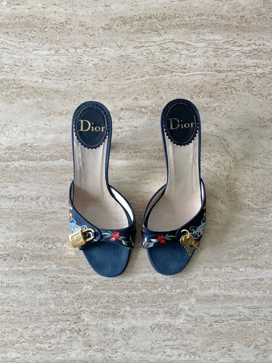 Dior Shoes - Vintage Dior Embroidered Key Lock Mule Kitten Heel Sandals